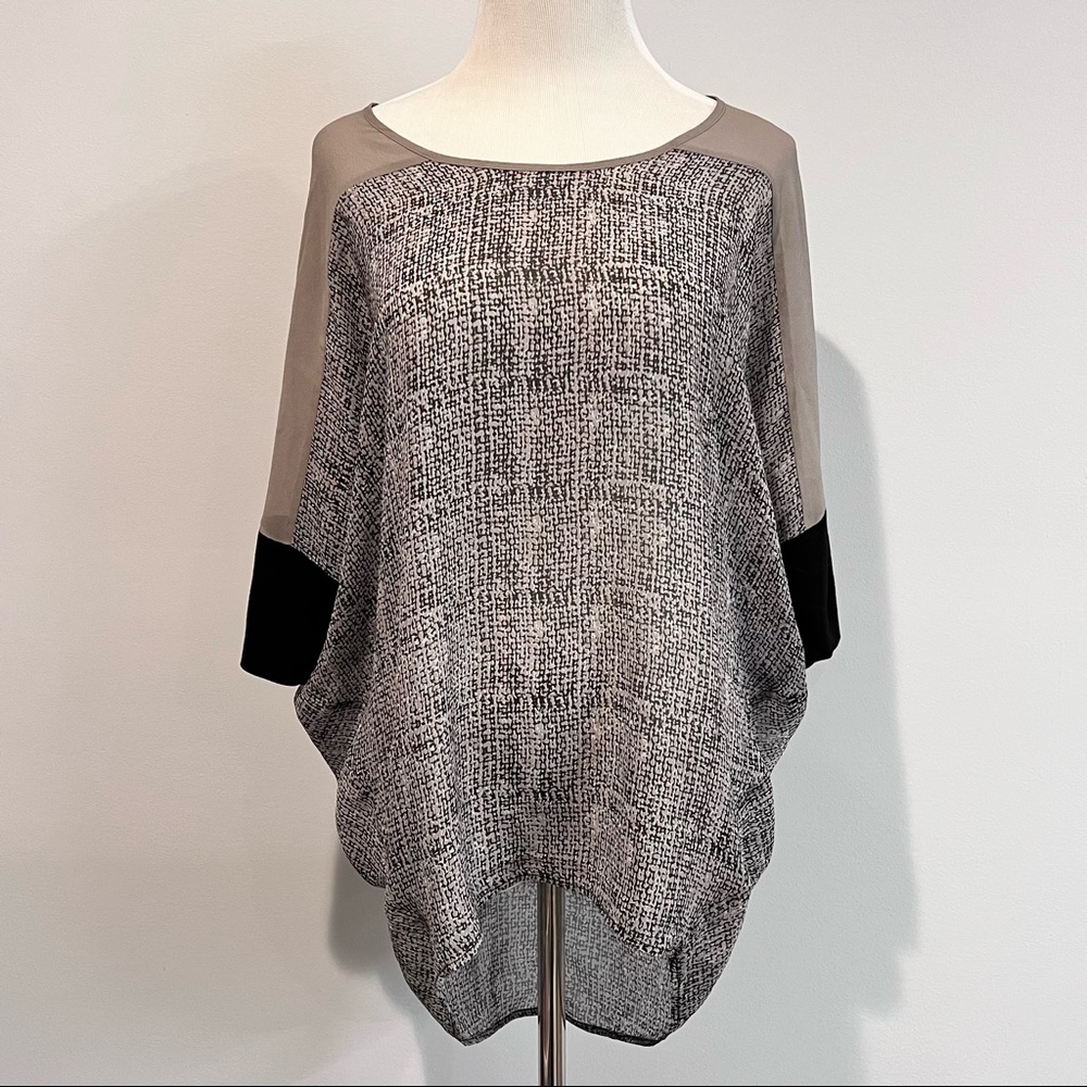 100% Silk Colorblock Sheer Blouse Tunic. Black & Grey XS Dolmain Sleeve